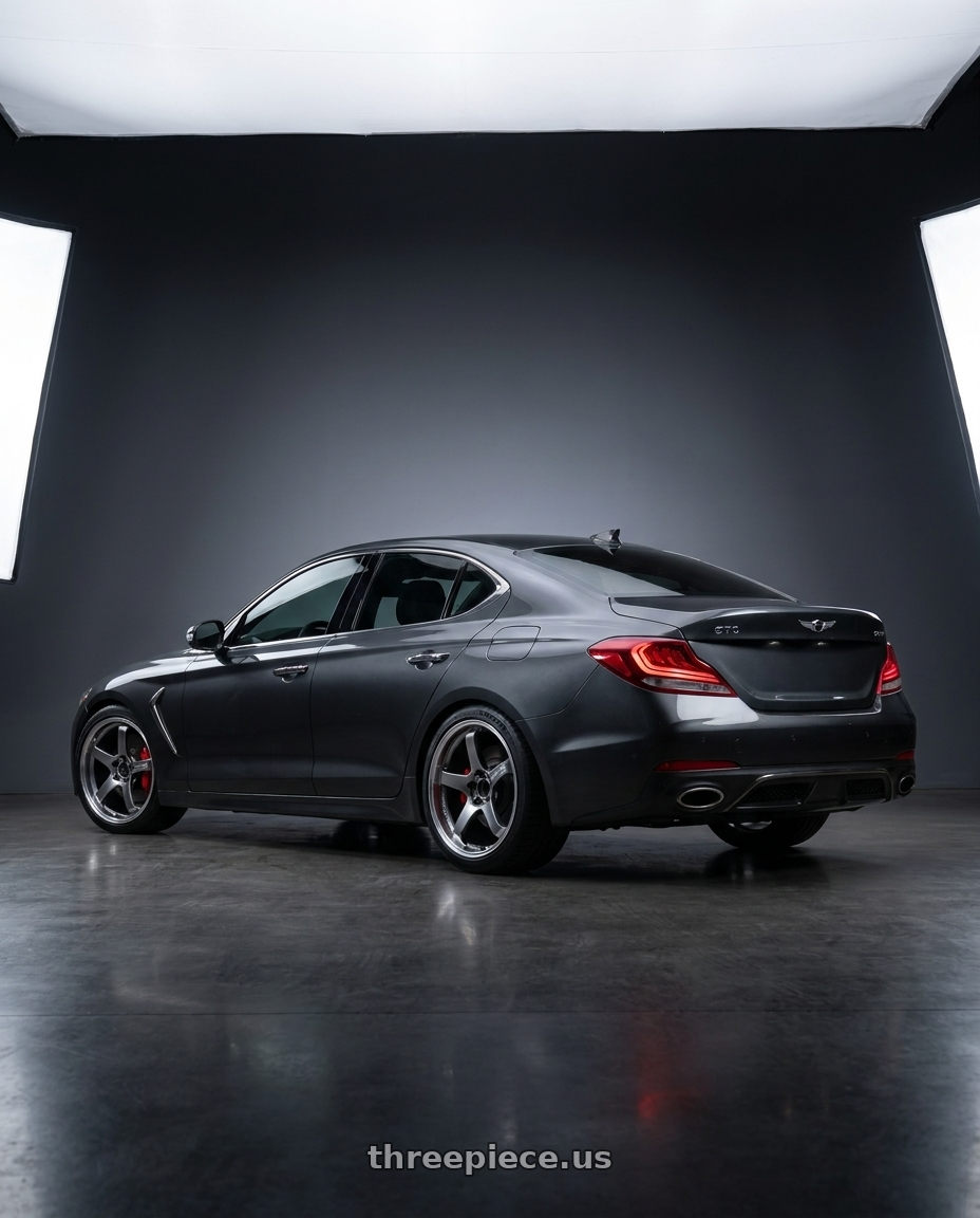 2019 Genesis g70 with Advan Racing GT PV 5x114.3 19x9.5 +50 MACHINING & HYPER PLATINUM BLACK wheels rear three quarter view square tires
