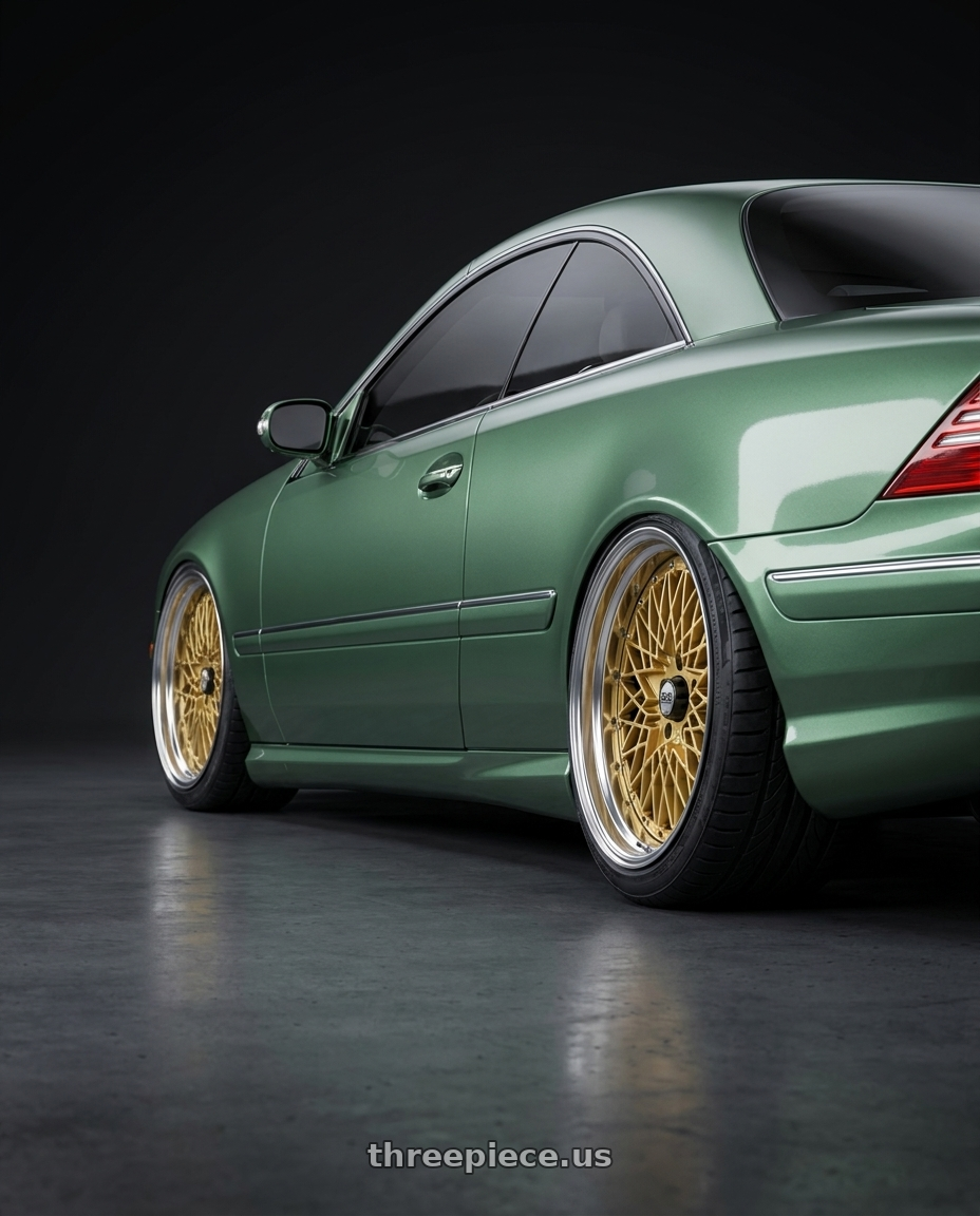 2004 Mercedes CL600 with SSR Formula MESH 5x100 19X12+-19 HP Disk Fm Gold wheels rear three quarter view extreme stretch tires