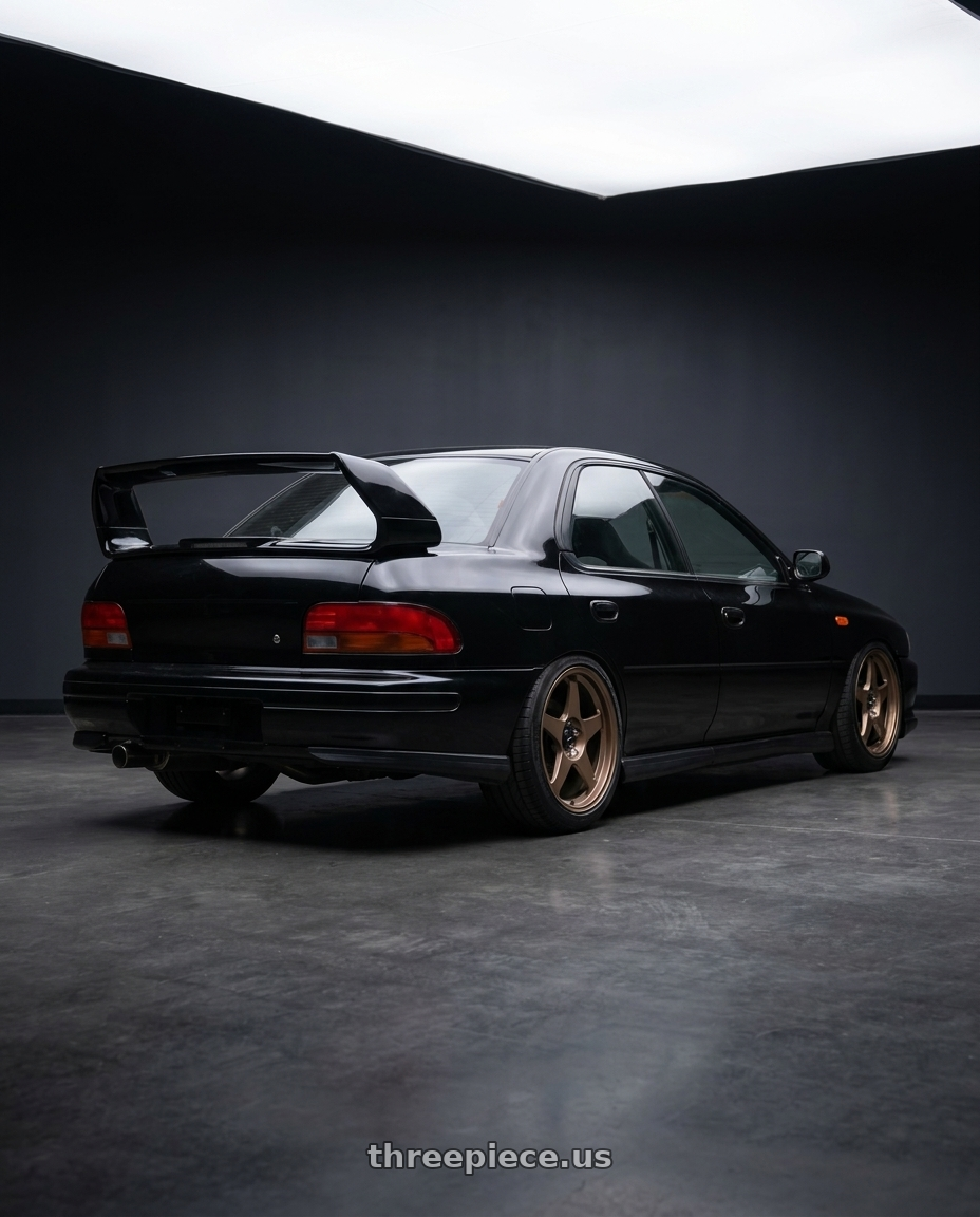 1998 Subaru Impreza GC8 with R6061 Forged R1 5x100 18X8.5 +35 Matte Bronze wheels rear three quarter view slight stretch tires