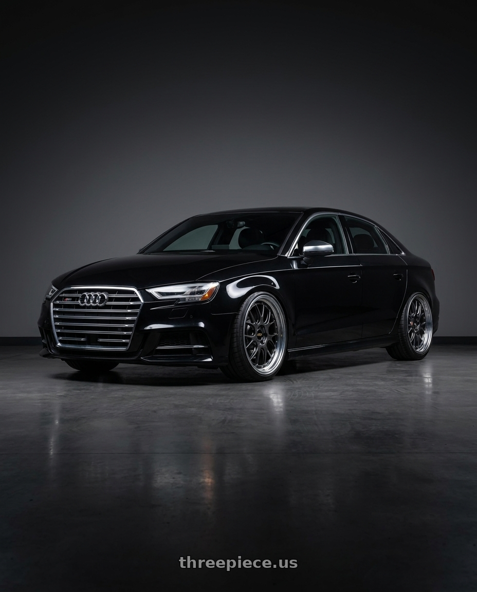 2017 Audi RS3 with BBS LM-R 5x112 19x9.5+38 Diamond Black wheels front three quarter view lowered stance