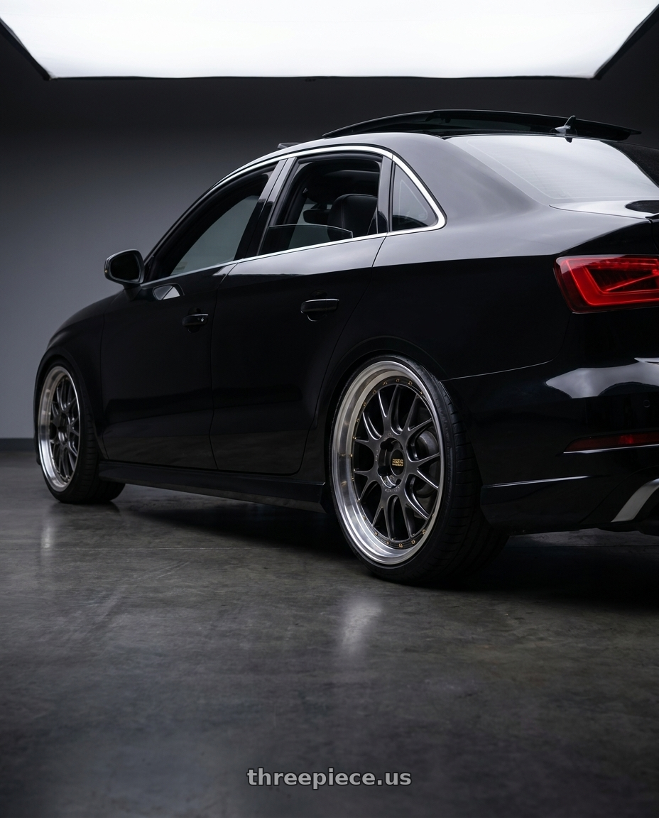 2017 Audi RS3 with BBS LM-R 5x112 19x9.5+38 Diamond Black wheels rear three quarter view extreme stretch tires