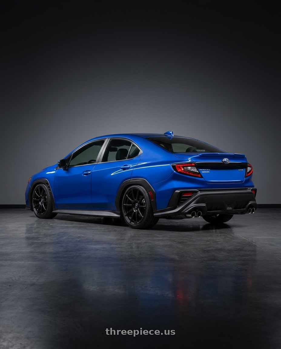 2024 Subaru WRX with Forgestar CF10 5x114.3 19x9 +35 Gloss Black wheels rear three quarter view slight stretch tires