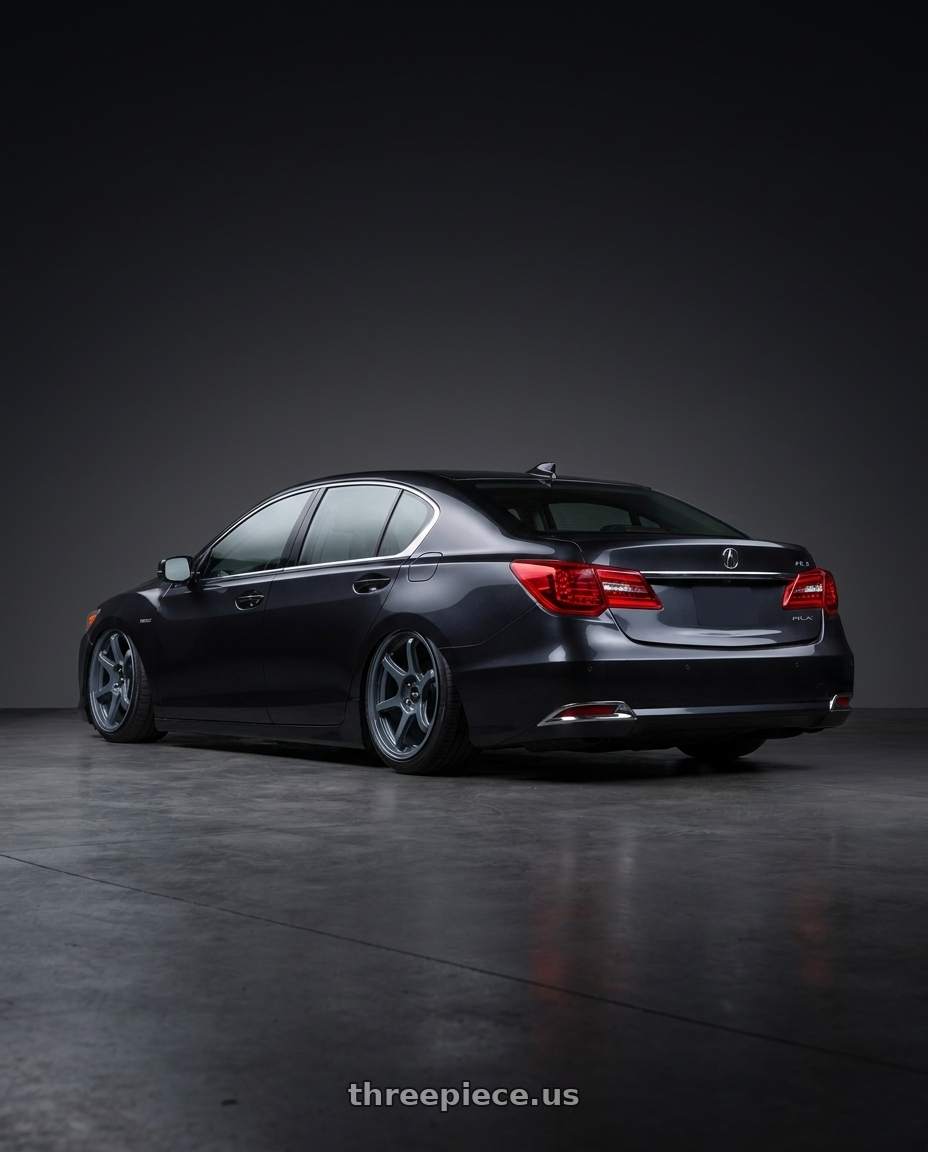 2015 Acura RLX with Rotiform BPU 5x120 18x9.5 +38 Gloss Blue Gray wheels rear three quarter view slight stretch tires