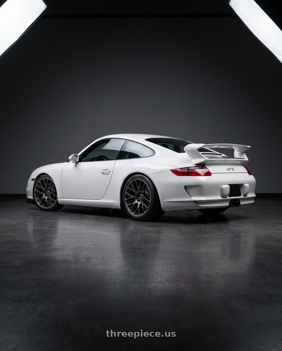 2006  Porsche 997.1 gt3 with Volk Racing G16 5x120 19x10.5+37 wheels rear three quarter view square tires