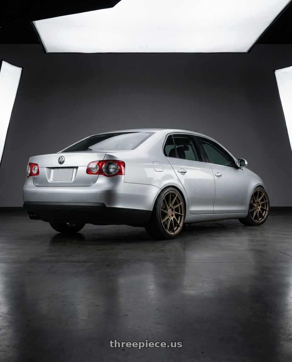 2009 Volkswagen Jetta GLI MK5 with Aodhan AH09 5x112 18x9.5 +35 Matte Bronze wheels rear three quarter view square tires