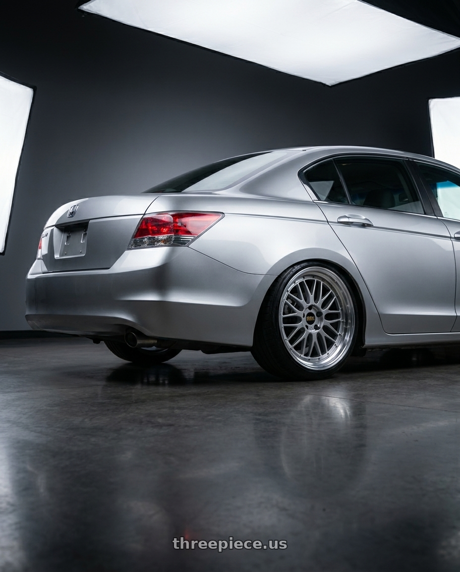 2009 honda accord silver color with BBS LM 5x114.3 19x8.5+43 Diamond Silver wheels rear three quarter view slight stretch tires