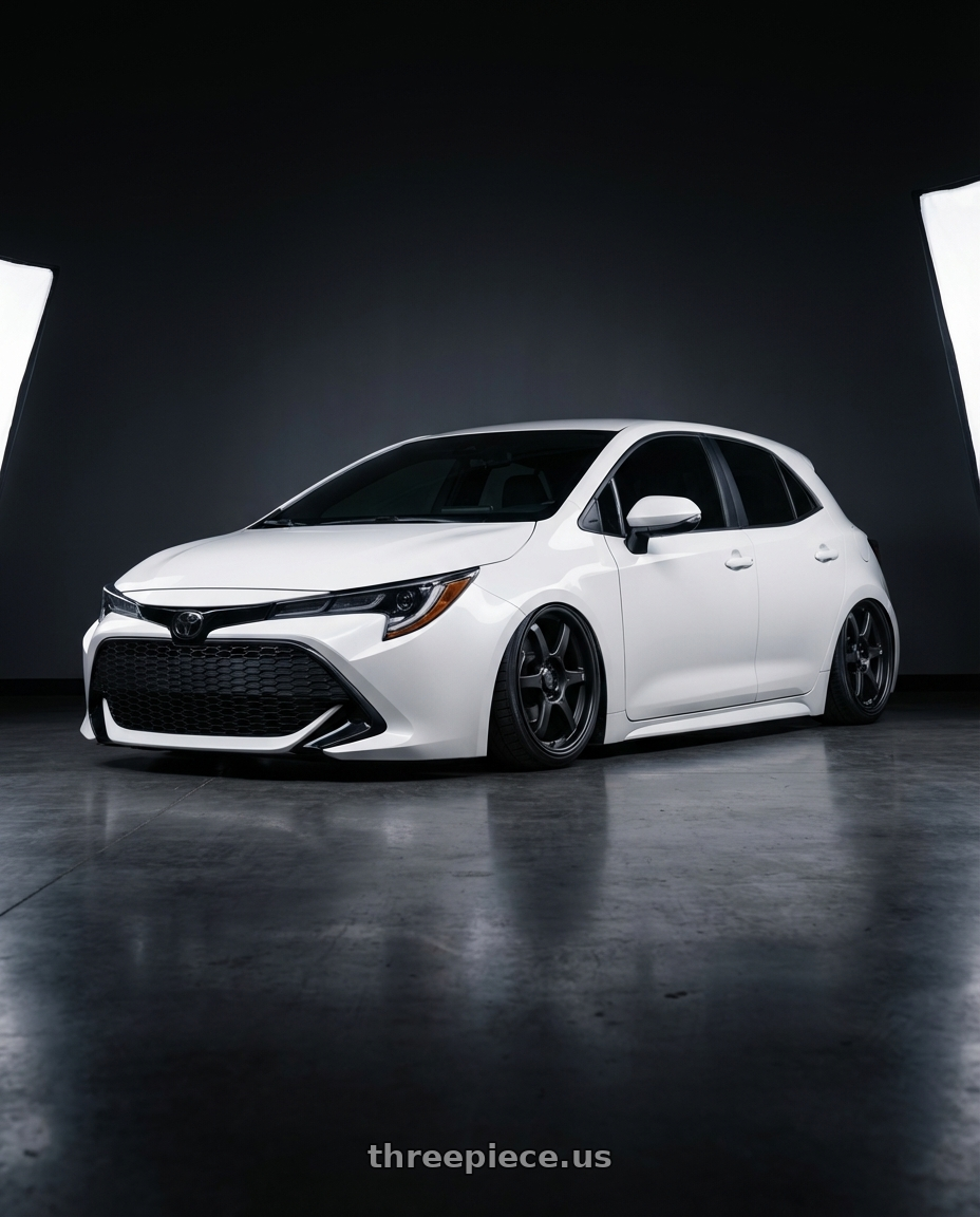 2023 Toyota Corolla Hatchback with Konig Backbone 5x114.3 18x8+35 Matte Black Milling Logo on Spoke wheels