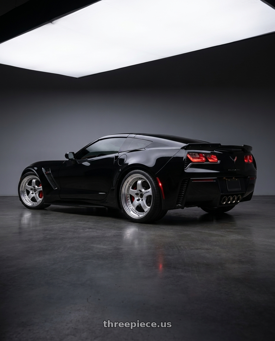 2017 Chevrolet Corvette Z06 with Work Meister S1 3P 5x120.65 19x10+29 O Disk Silver wheels rear three quarter view square tires