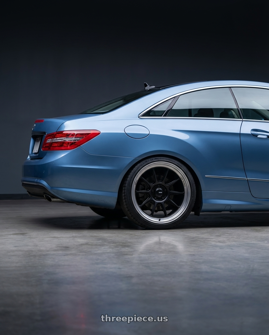 2014 Mercedes-Benz E-Class Coupe C207 with Konig Countergram 5x112 19x9.5+30 Matte Black / Matte Machined Lip wheels rear three quarter view square tires
