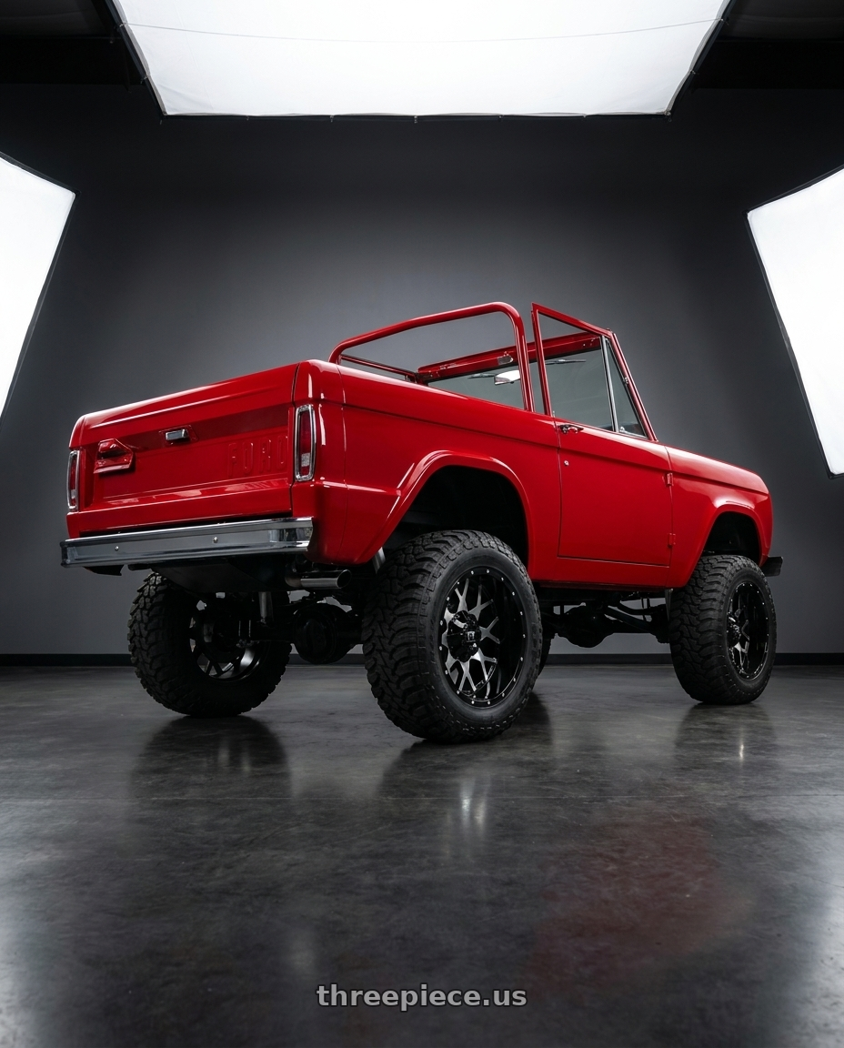1972 ford bronco with FULL THROTTLE FT0151 5x114.3/5x127 17x9-12 POLISH/GLOSS BLACK wheels rear three quarter view meaty tires