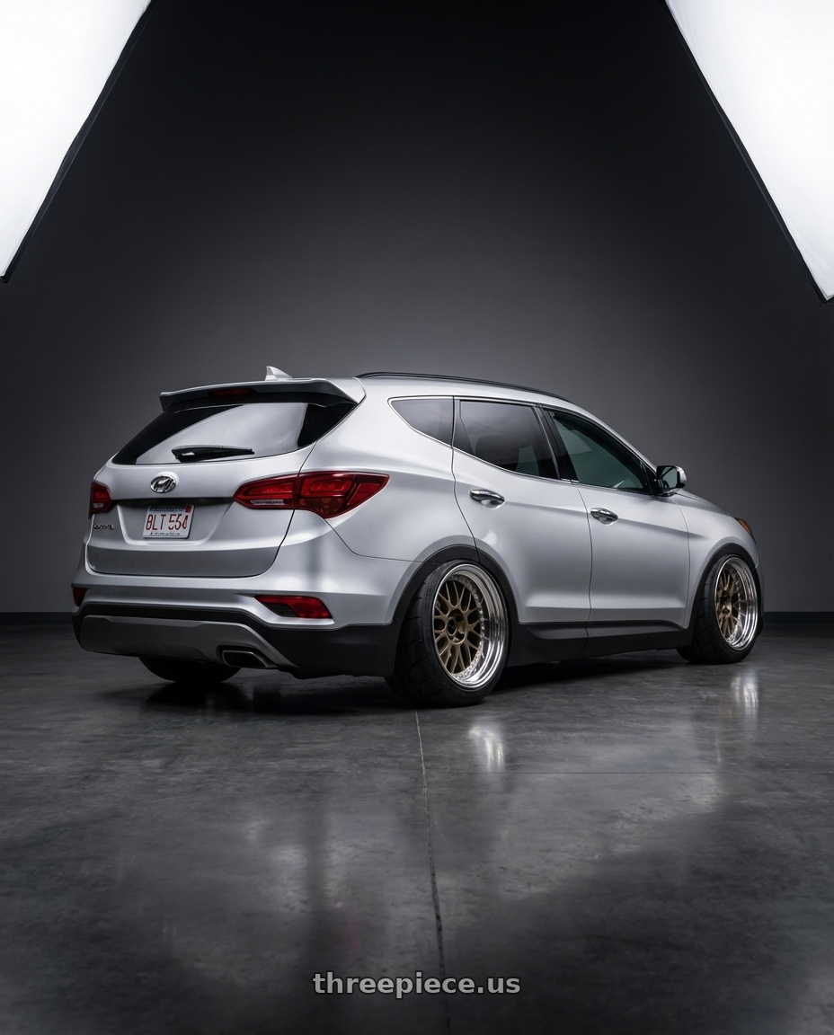 2018 Hyundai Santa Fe Se with Work Meister M1 3p 4x100 16x10.5+1 A Disk Titanium Gold wheels rear three quarter view meaty tires