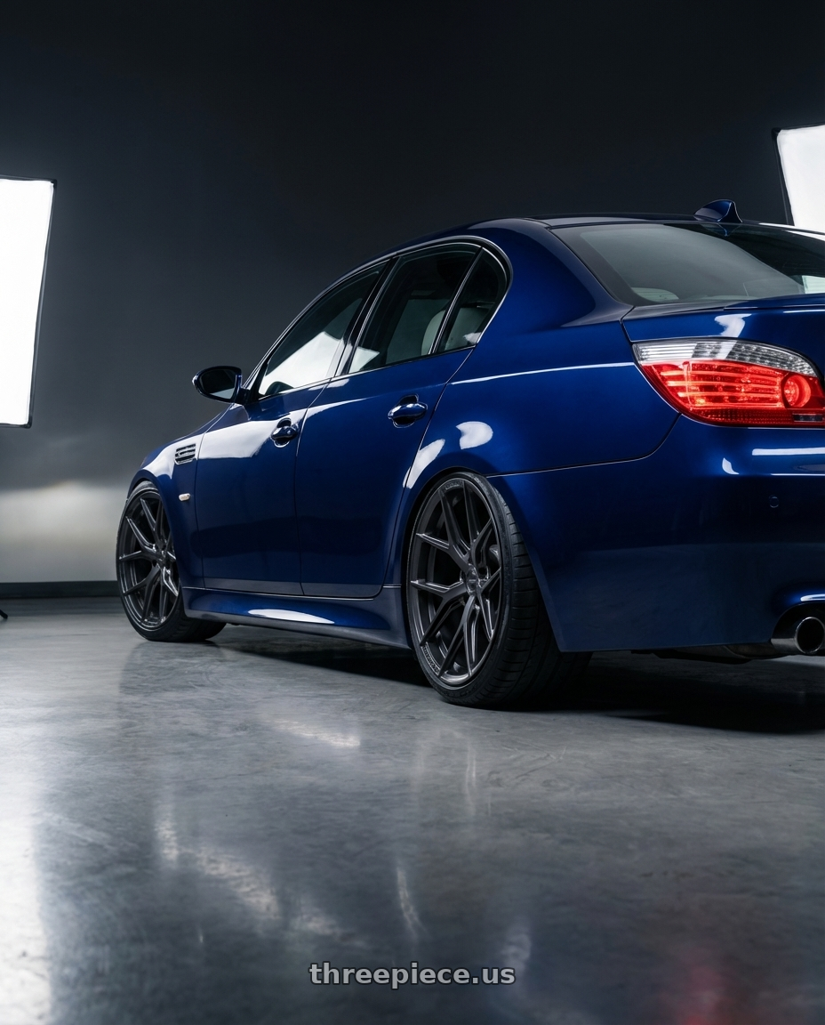 2010 BMW M5 E60 with Vossen HF-5 20x9 / 5x120 / ET35 / Flat Face / 72.56 - Matte Gunmetal Wheel - HF5-0B02 wheels rear three quarter view slight stretch tires