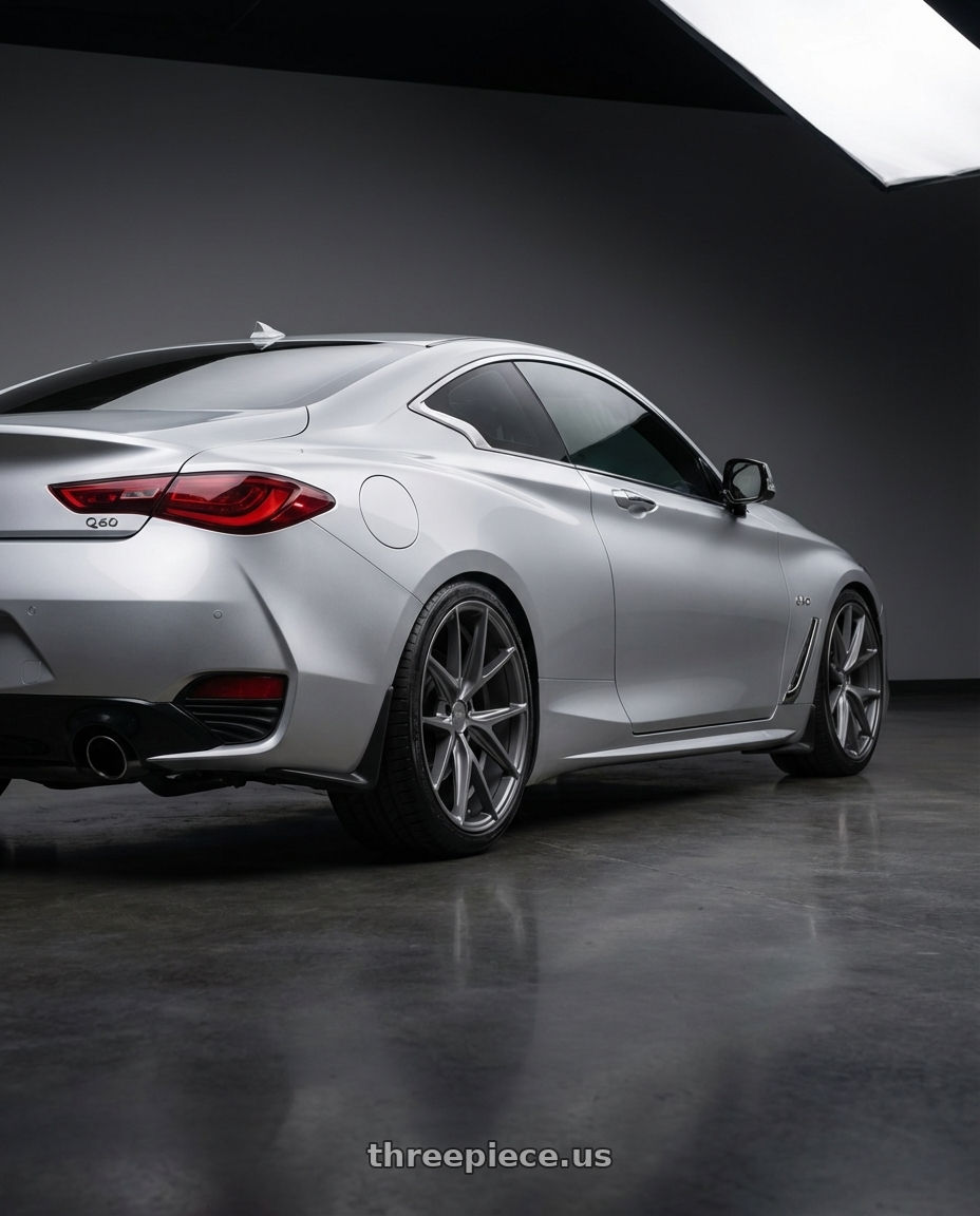 2020 Infiniti Q60 with Niche 1PC M116 MISANO 5X114.3 19X8.5 +33 MATTE GUN METAL wheels rear three quarter view square tires