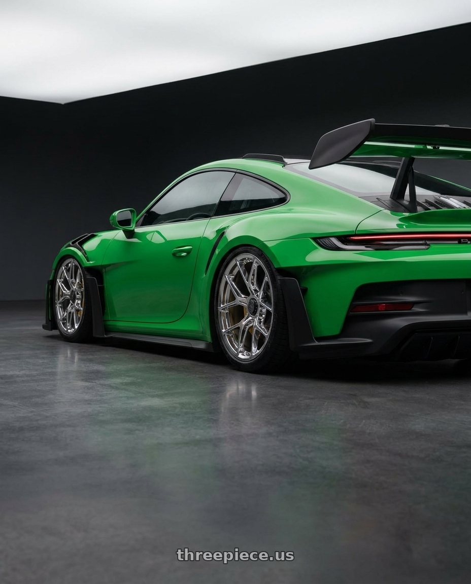 2024 Porsche 911 gt3 rs with OE Performance 176 6x139.7 20x9 +24 Chrome Plated wheels rear three quarter view slight stretch tires