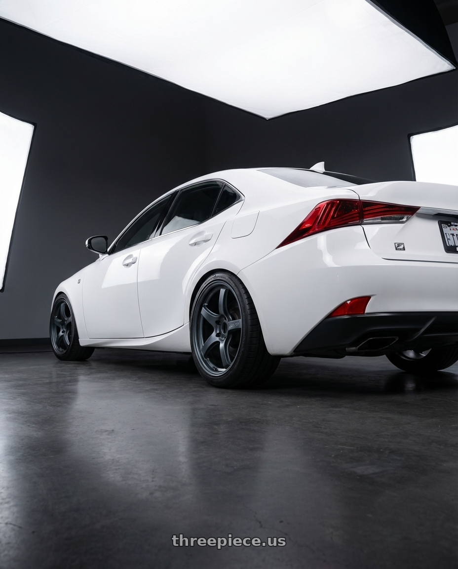 2018 Lexus IS 350 F Sport with Gram Lights 57CR 5x114.3 19x8.5+45 Gunblue II wheels rear three quarter view square tires