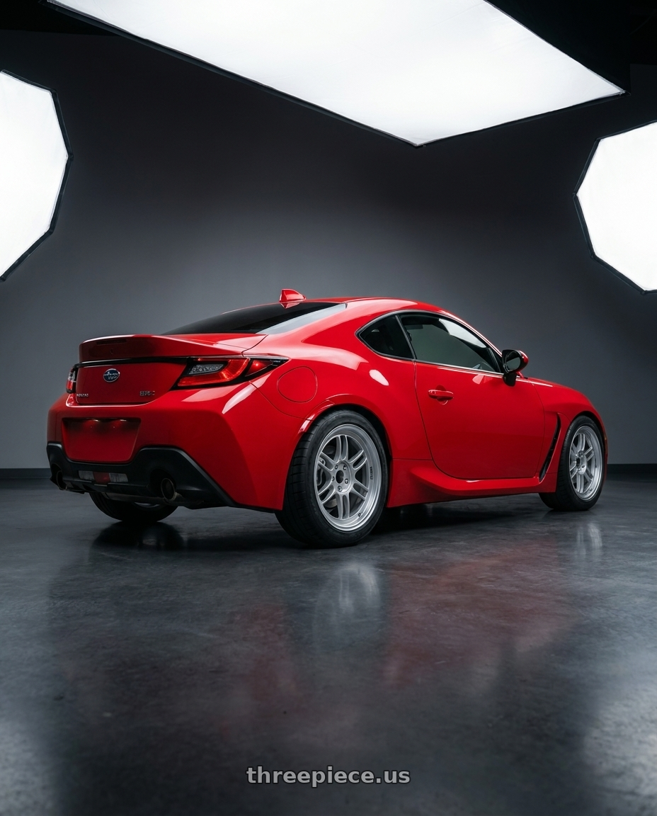 2026 Subaru brz with Enkei RPF1 5x100 18x8+35 Silver wheels rear three quarter view square tires