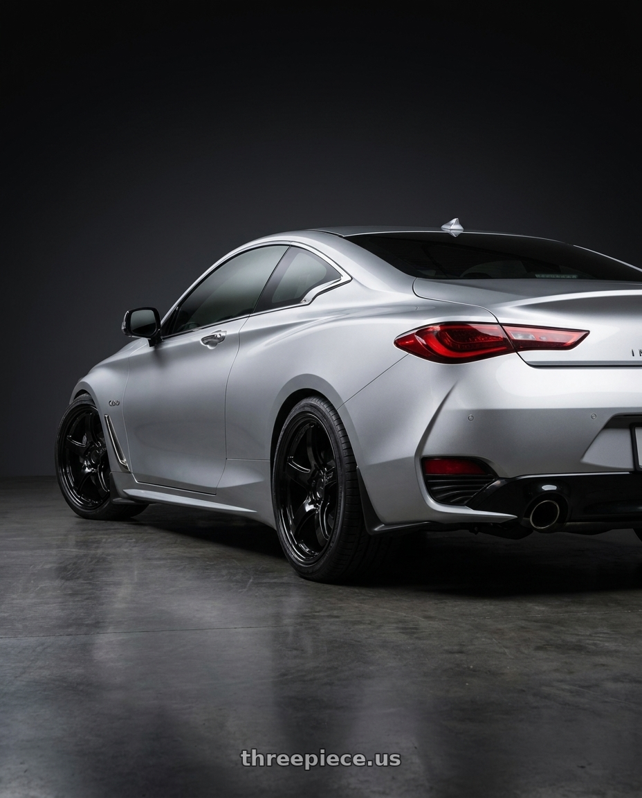 2020 Infiniti Q60 with Gram Lights 57CR 5x114.3 19x9.5+35 Glossy Black wheels rear three quarter view square tires