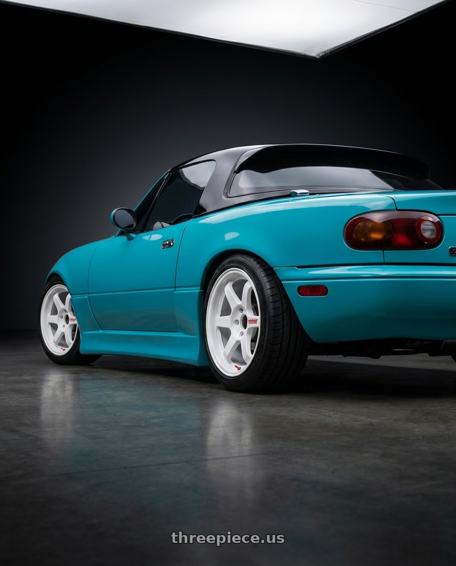 1993 mazda miata with Volk Racing TE37SL 4x100 15x8 +25 DASH WHITE wheels rear three quarter view square tires