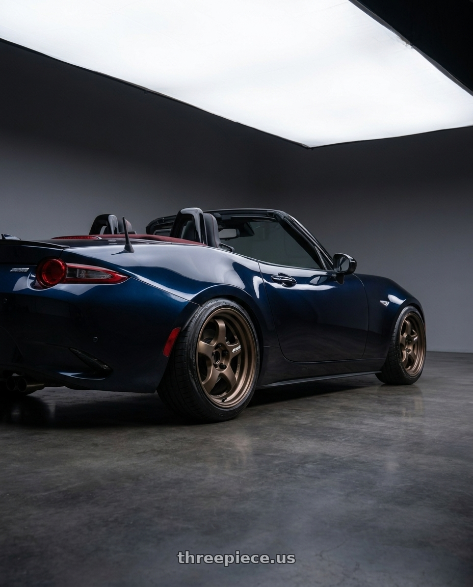 2021 Mazda Mx5  with Work Meister S1R 4x100 16x7.5+12 A Disk Ashdot Titanium wheels rear three quarter view slight stretch tires