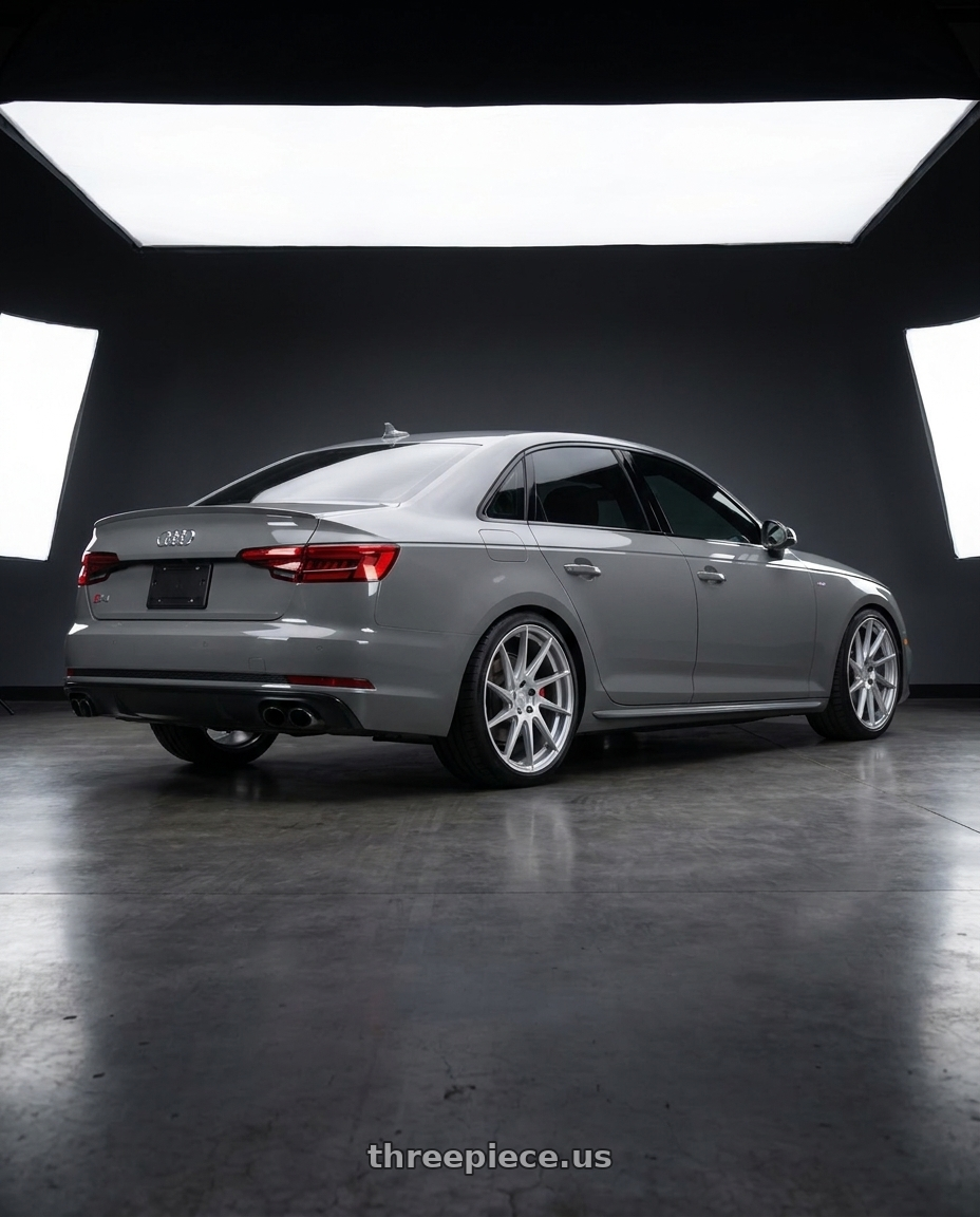 2019 Audi s4 with Aodhan AH09 5x112 18x8.5 +35 Gloss Silver Machined Face wheels rear three quarter view square tires