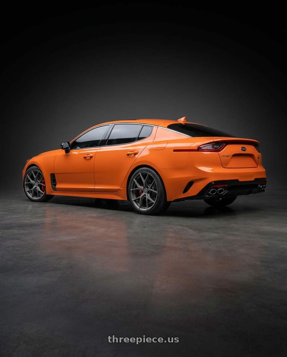 2019 KIA stinger gts  with MRR FS6 5x114.3 19x8.5  +35 Matte Gun Metal wheels rear three quarter view square tires