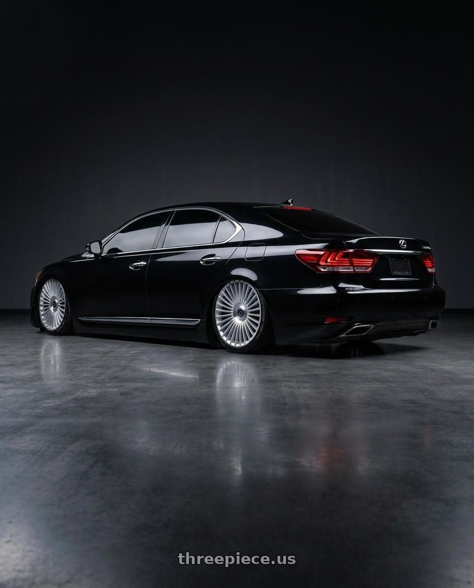 2014 Lexus LS460L  with DOLCE LUXURY TRENTO 6x135/6x139.7 22x9.5 +18 Glossy Silver Brush Face wheels rear three quarter view slight stretch tires