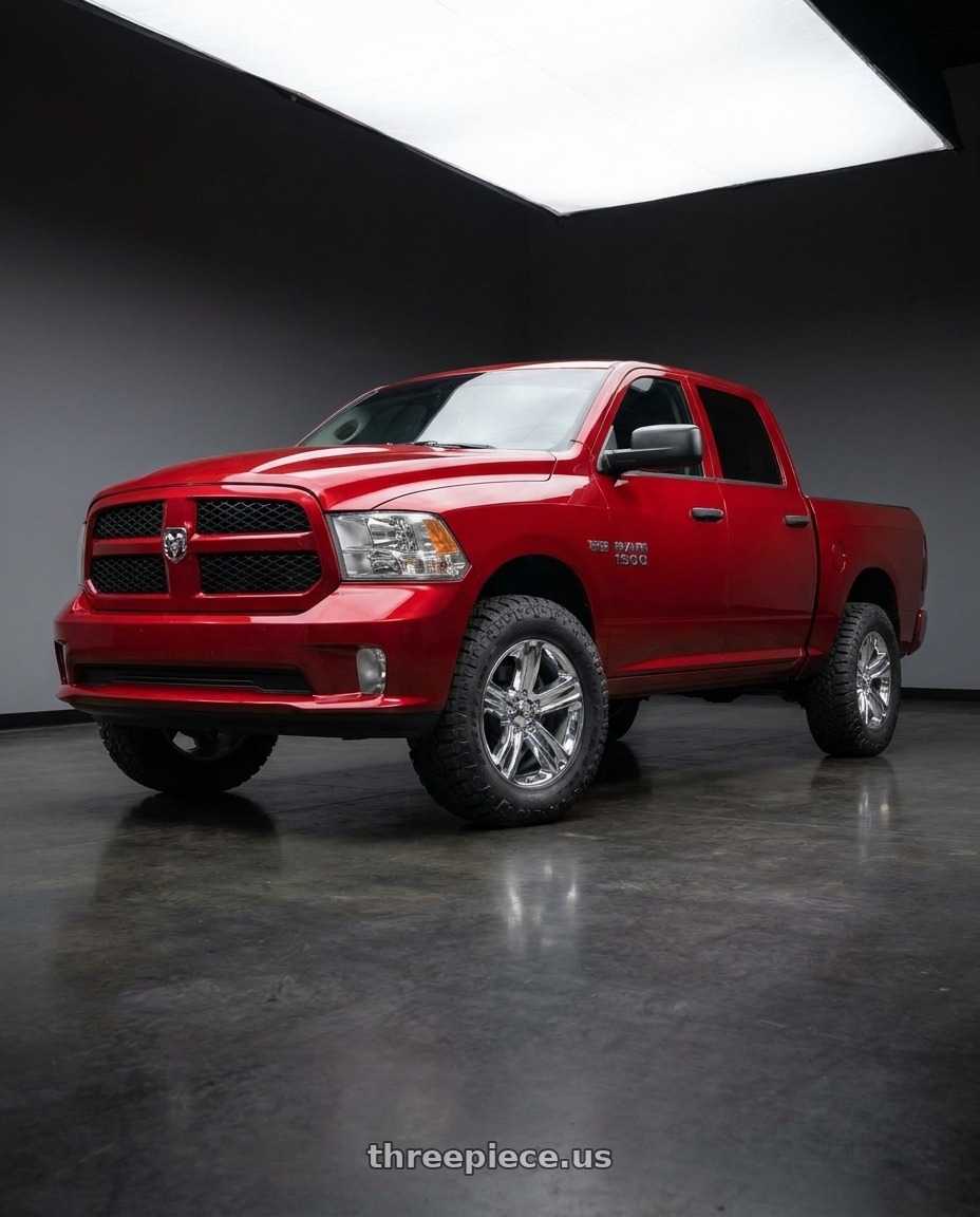 2015 Ram 1500 Express with OE Wheels DG65 5x139.7 20x9+19 Chrome wheels front three quarter view raised stance
