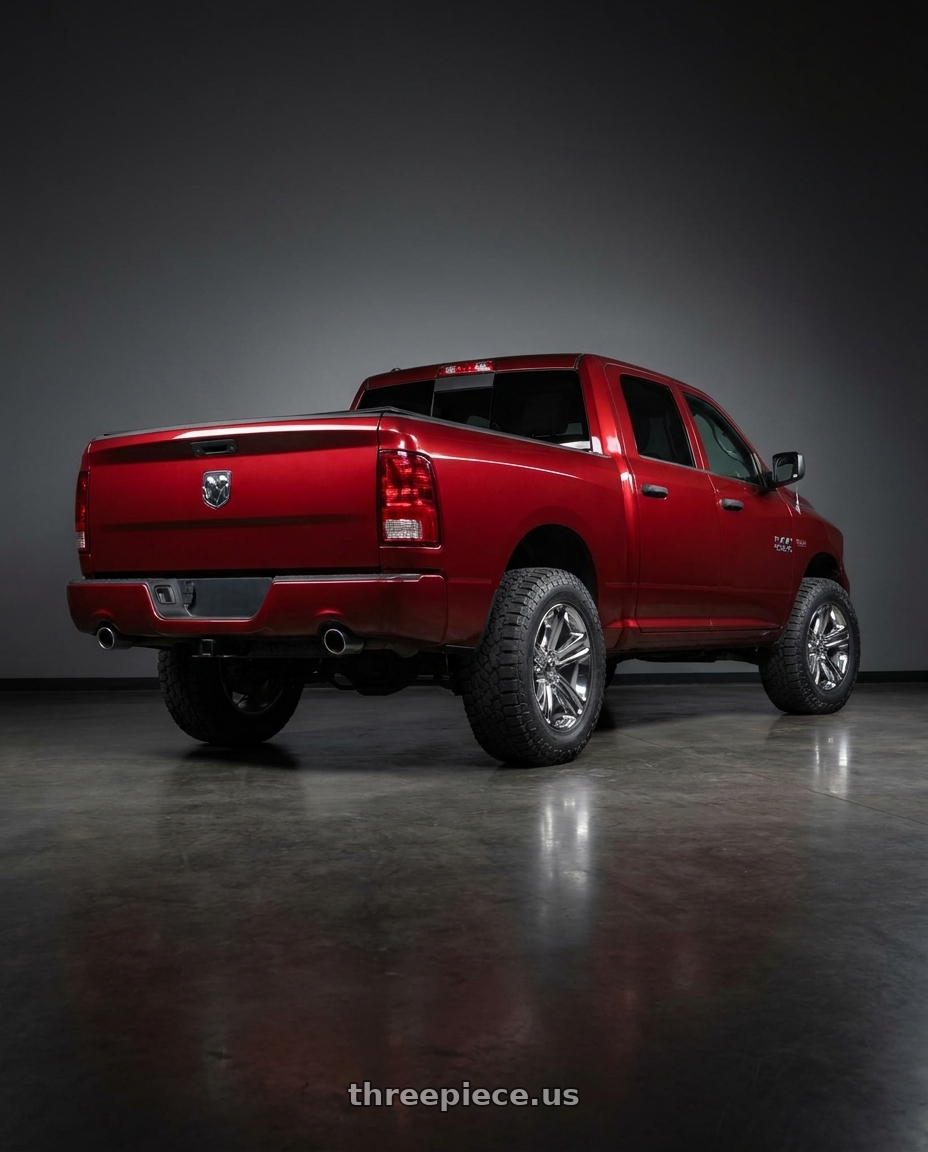 2015 Ram 1500 Express with OE Wheels DG65 5x139.7 20x9+19 Chrome wheels rear three quarter view meaty tires