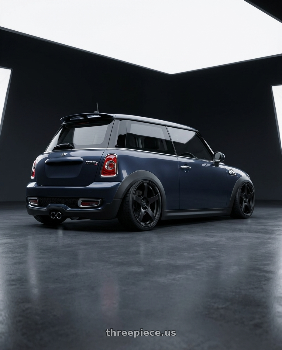 2010 Mini Cooper S R56 with Ssr Gtv01 4x100 17x7+42  FLAT BLACK wheels rear three quarter view slight stretch tires