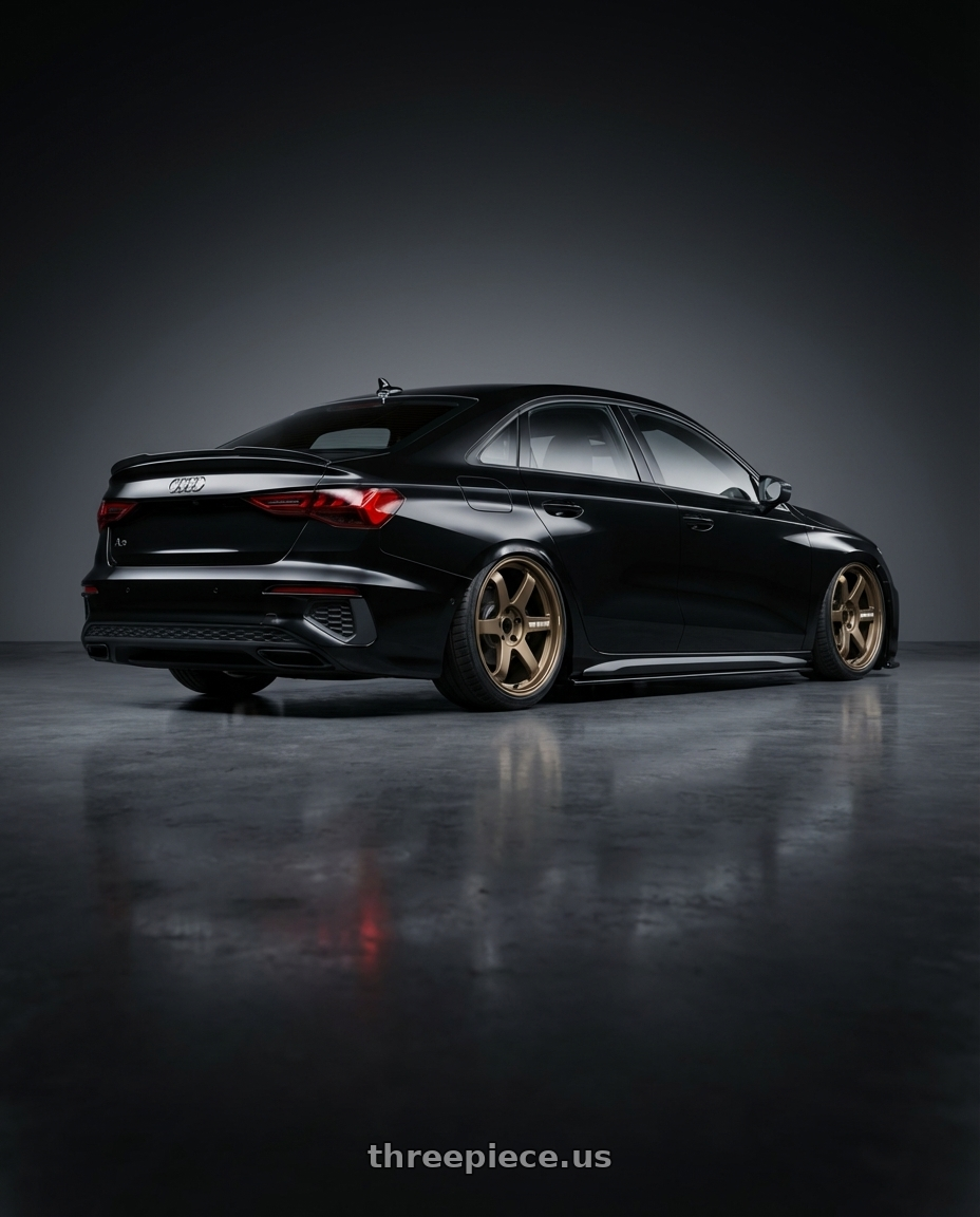 2022 Audi A3 with Volk Racing TE37 Ultra M Spec 5x112 19x9.5+23 19x10.5+35 Bronze Almite Toyota Supra MK5 Spec wheels rear three quarter view slight stretch tires