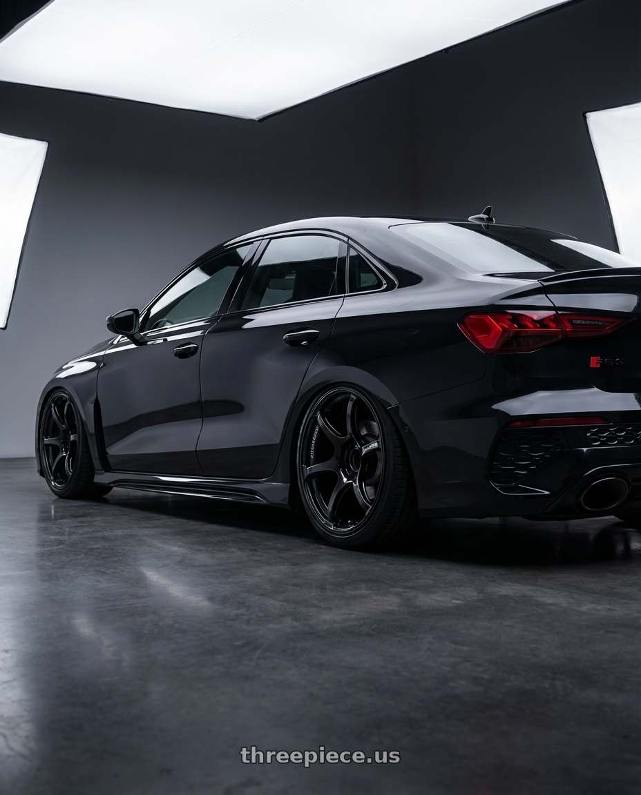 2022 Audi RS3 8Y with Advan RGIII 5x112 19x8.5+45 Gloss Black wheels rear three quarter view slight stretch tires
