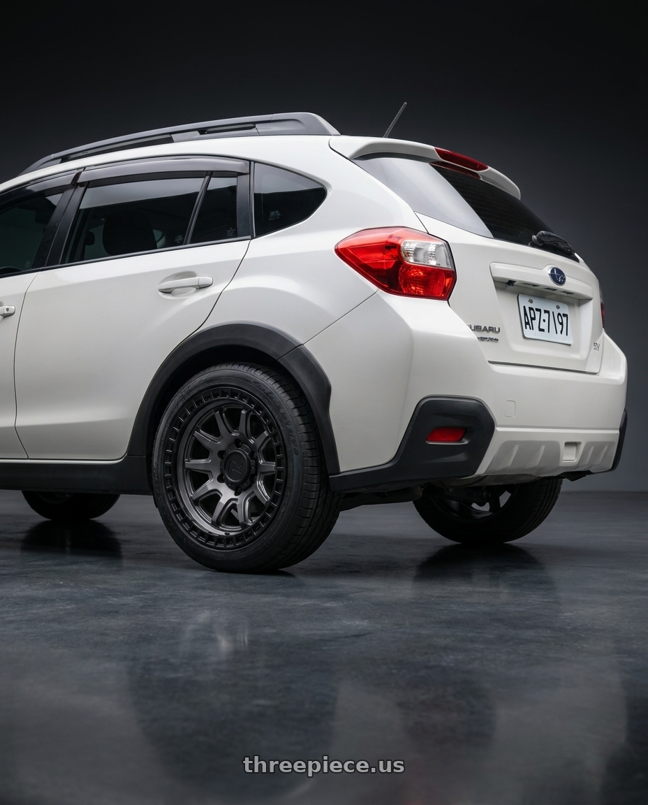 2015 subaru xv with Black Rhino CALICO 5X127 17X8.5 0 MATTE GUNMETAL W/ MATTE BLACK LIP wheels rear three quarter view slight stretch tires