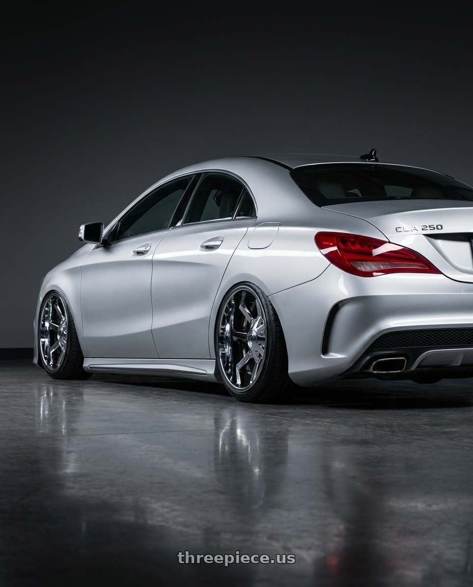 2016 Benz cla 250 with Cali Off-Road Busted 9100 8x180 22x12-44 Chrome wheels rear three quarter view slight stretch tires