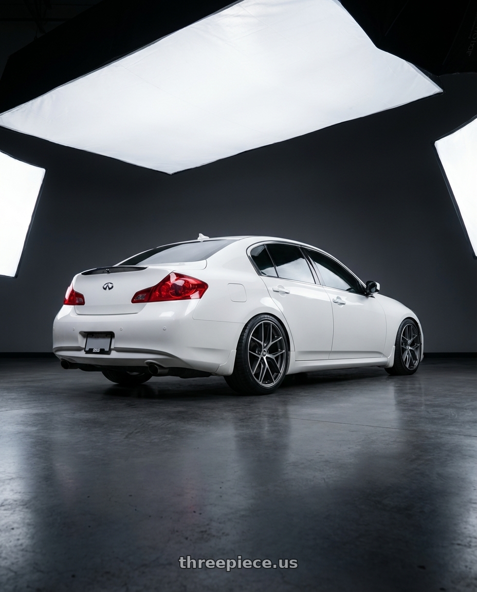 2012 Infiniti G37 with BBS CC-R 5x114.3 19x8.5+30 Graphite w/ Diamond Cut Face wheels rear three quarter view square tires