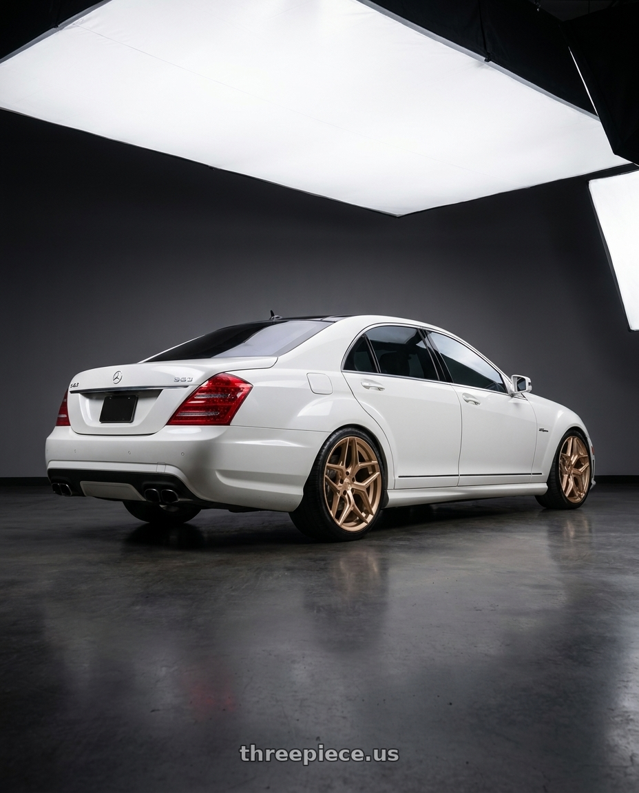 2009 Mercedes s63 with Niche 1PC M267 TORSION 5X112 20X10.5 +40 PLATINUM BRONZE wheels rear three quarter view square tires