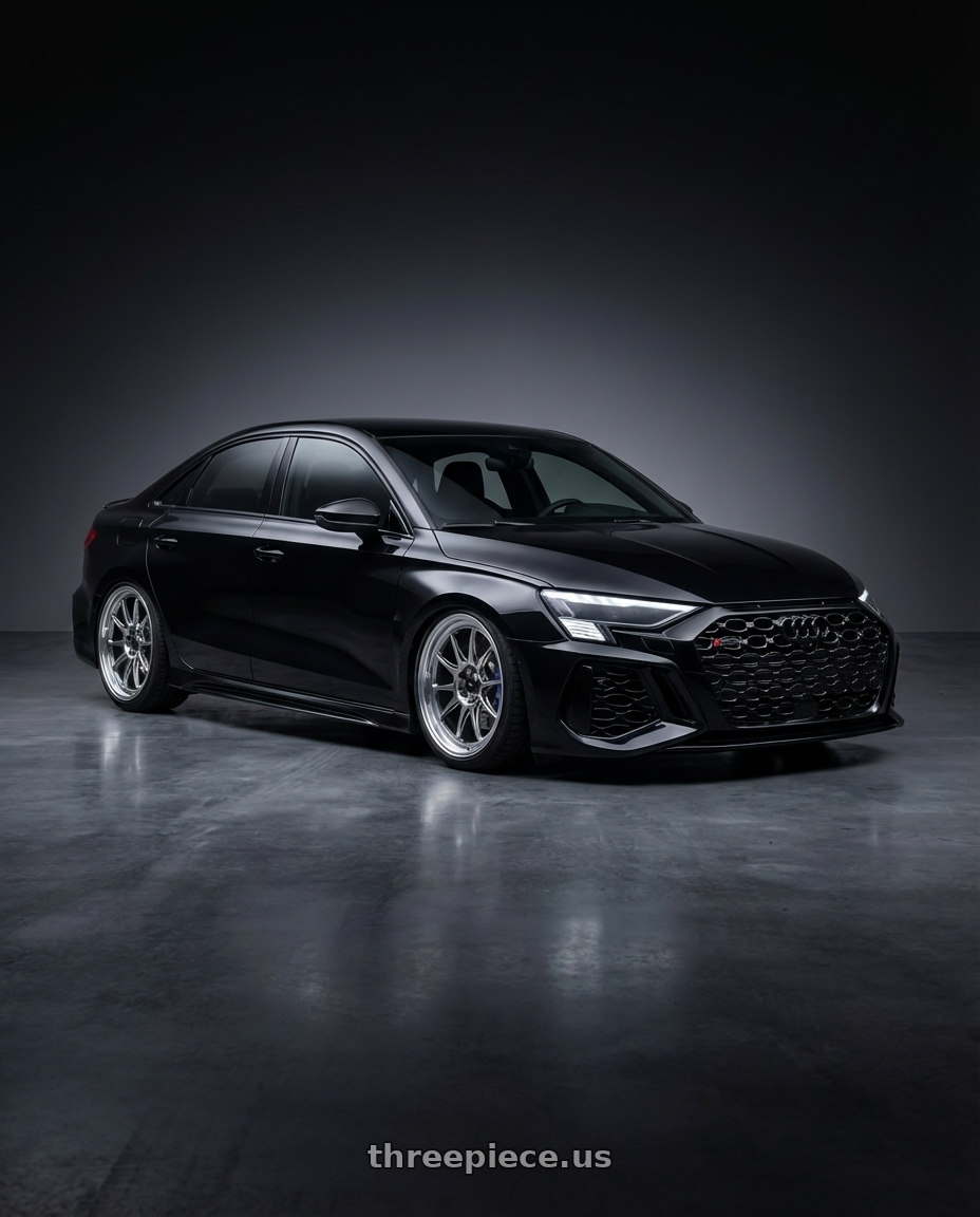 2022 Audi RS3 8Y with Konig Countergram 5x112 19x11+40 Hyper Chrome / Machined Lip wheels front three quarter view stanced stance