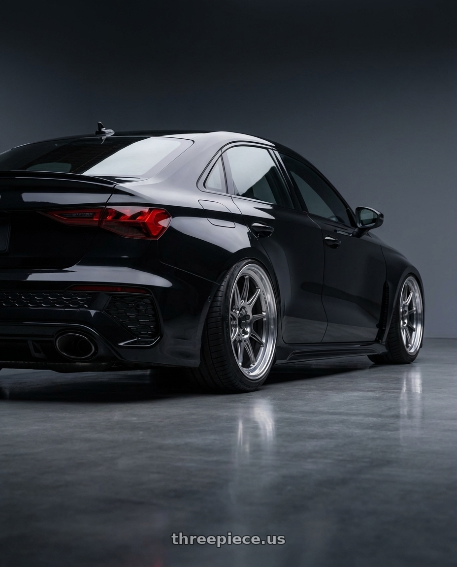 2022 Audi RS3 8Y with Konig Countergram 5x112 19x11+40 Hyper Chrome / Machined Lip wheels rear three quarter view slight stretch tires