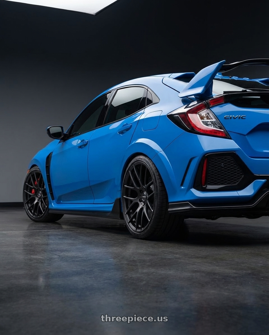 2020 Honda Civic Type R with Avant Garde Wheels M359 5X120 19x9 +35 Matte Black wheels rear three quarter view square tires