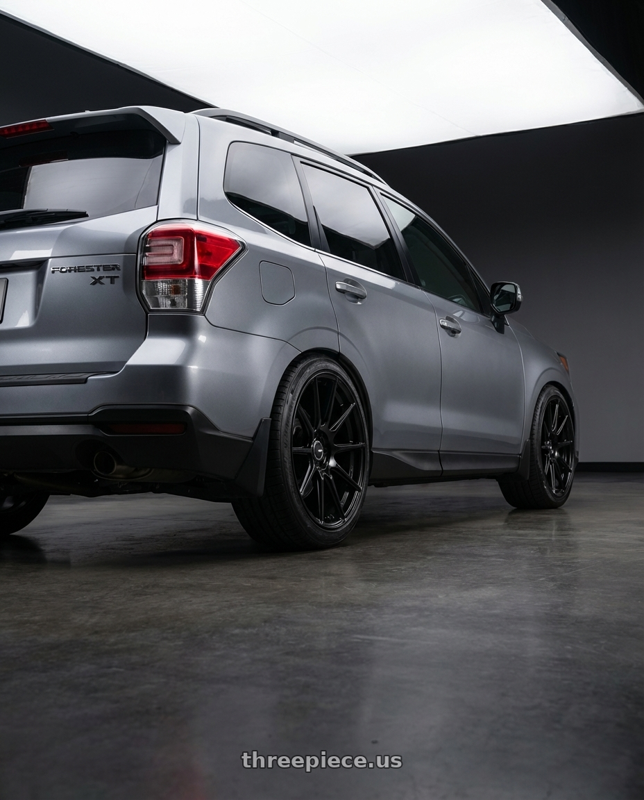 2017 subaru forester xt 2.0 touring metallic grey with Enkei TS10 5x114.3 18x8+40 Black wheels rear three quarter view slight stretch tires