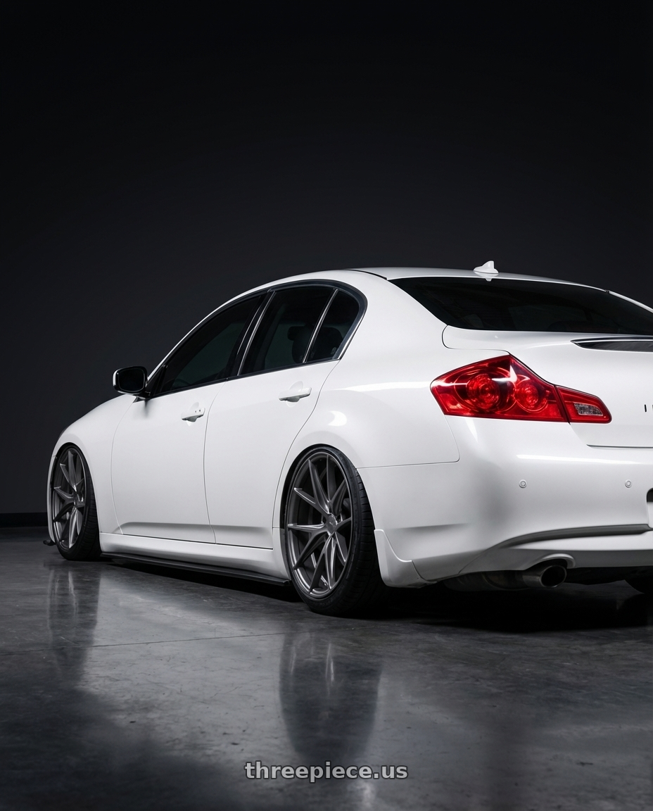 2012 Infiniti G37 with Niche 1PC M116 MISANO 5X114.3 19X8.5 +33 MATTE GUN METAL wheels rear three quarter view slight stretch tires