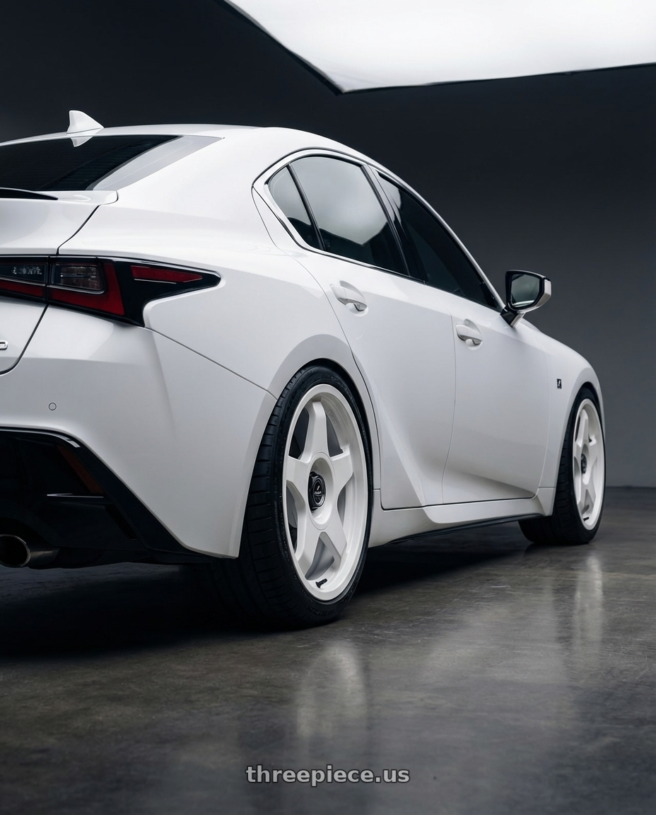 2024 Lexus IS 350 with fifteen52 CHICANE 5x114.3 / 5x120 19x8.5 +35 RALLY WHITE (GLOSS WHITE) wheels rear three quarter view square tires