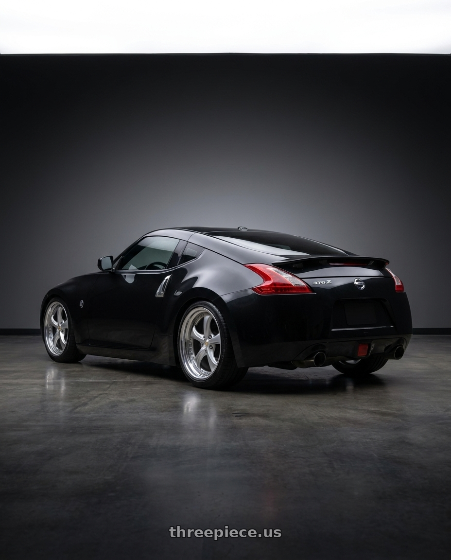 2009 Nissan 370z with Work Wheels VS-KF 5x114.3 19x9+40 Light Grey Silver A Disk STEP RIM wheels rear three quarter view square tires