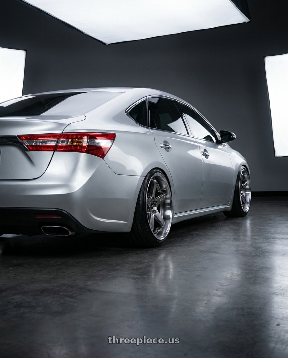 2013 toyota avalon with F1R FC5 5x114 18x9.5 +38 Hyper Black/Polish Lip wheels rear three quarter view extreme stretch tires