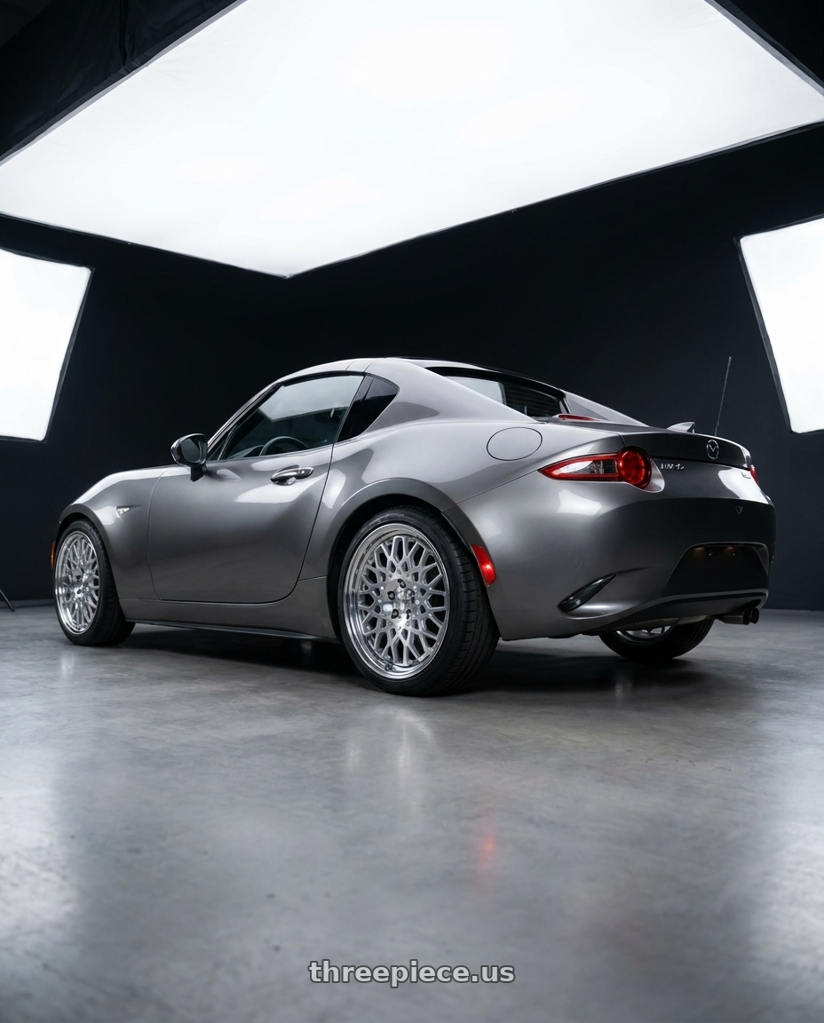 2017 Mazda mx5 rf with Work Seeker Cx 4x100 17x7.5+38 A Disk Matte Silver Polish wheels rear three quarter view square tires