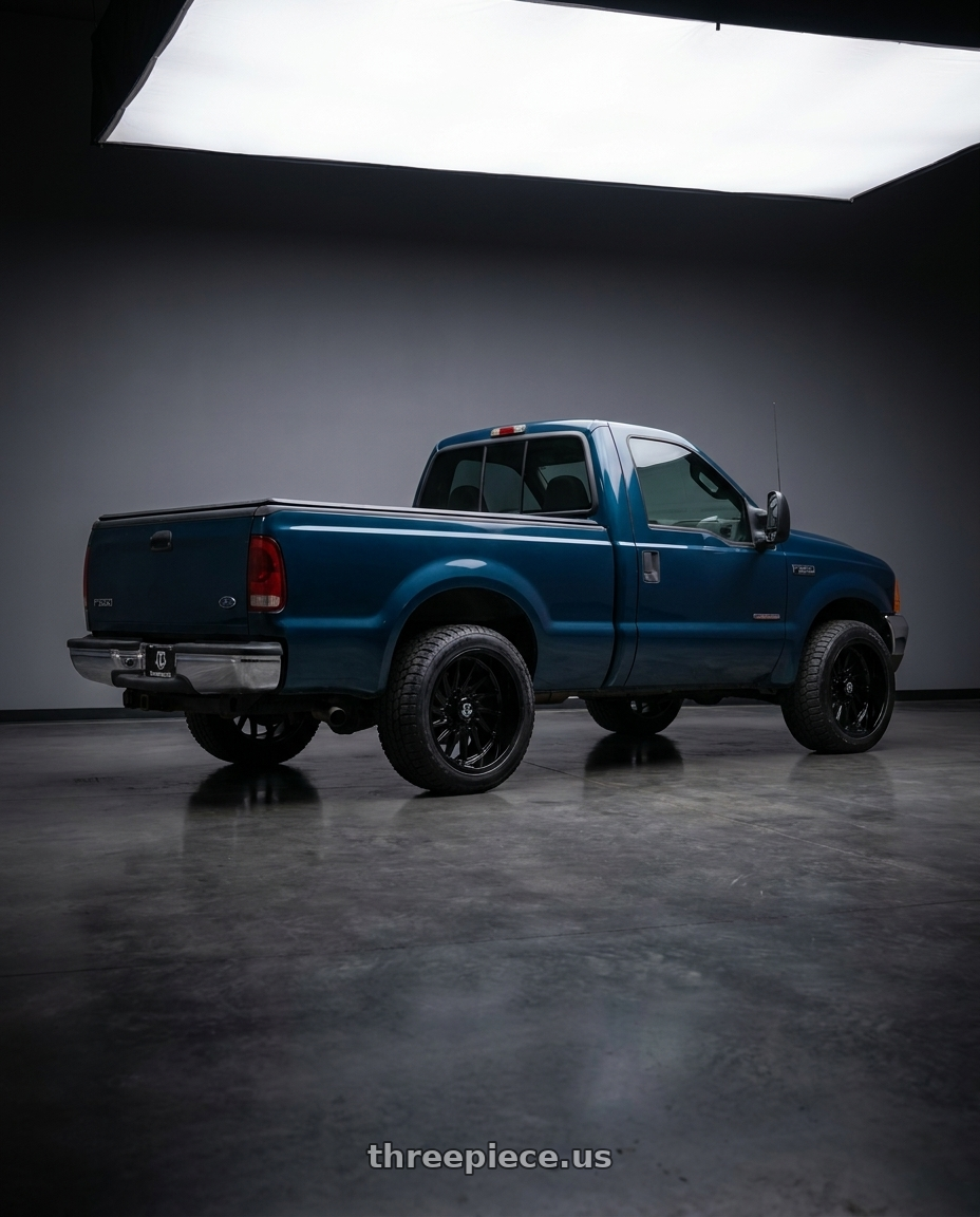 2000 Ford F250 super duty XL with TIS 547B 8X170 20x12 -44 Gloss Black w/Milled Lip Logo wheels rear three quarter view square tires