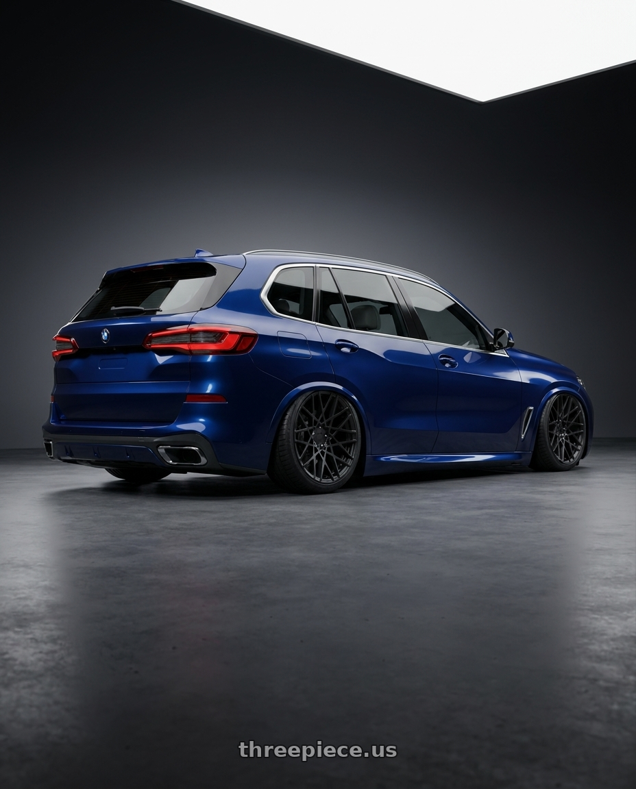 2026 BMW X5 ,Blue with Rotiform 1PC R112 BLQ 5X114.3 18X8.5 +38 MATTE BLACK wheels rear three quarter view slight stretch tires