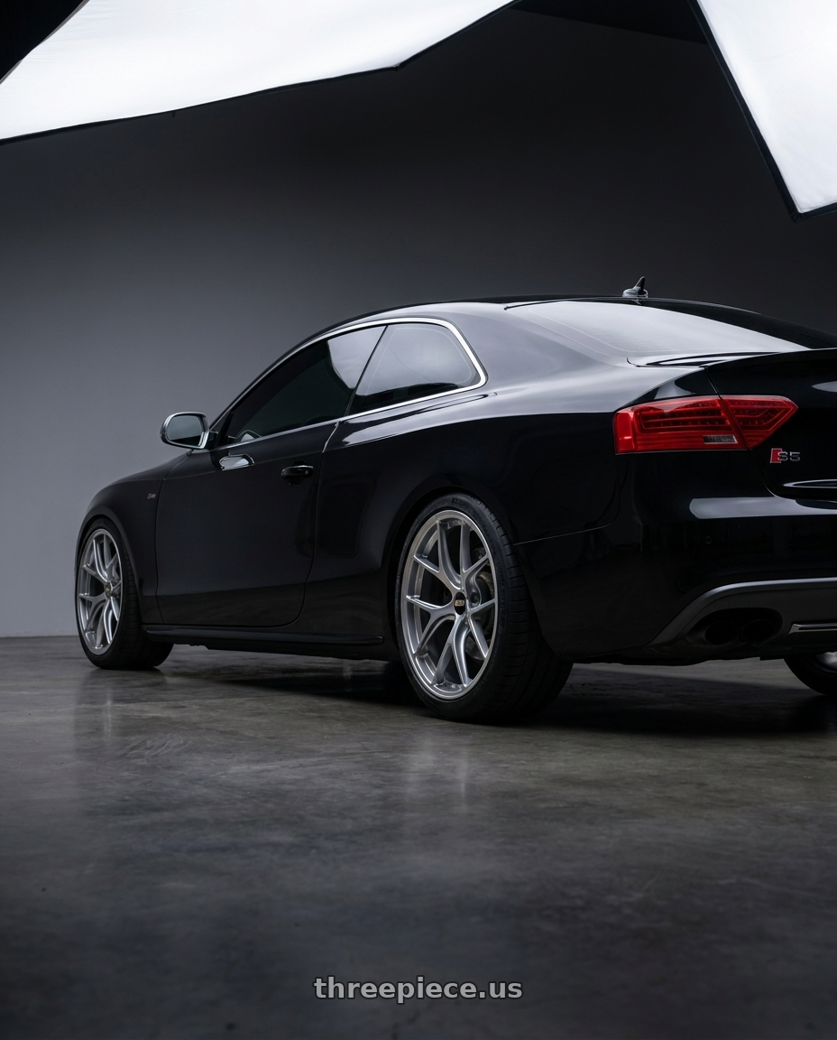 2012 Audi S5 with BBS RI-D 5x114.3 20x11 +30 Diamond Silver wheels rear three quarter view meaty tires