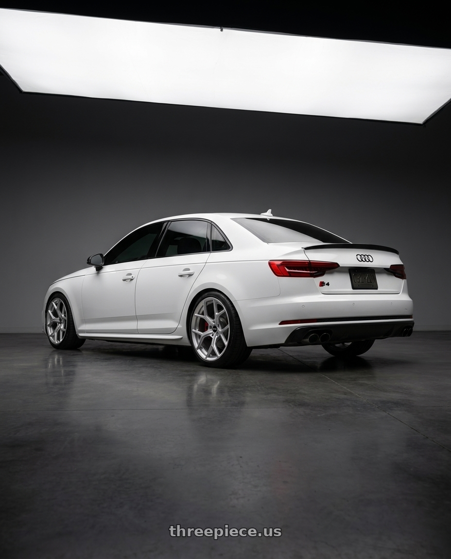 2019 Audi s4 with Rotiform 1PC R900 LTN 5X112 19X10.5 +34 GLOSS SILVER wheels rear three quarter view square tires