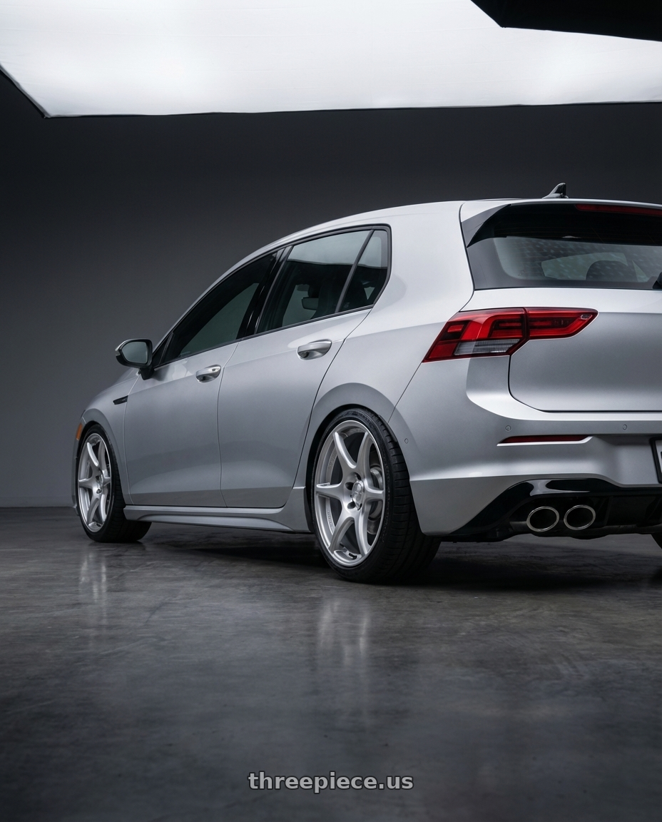 2024 Volkswagen Golf R MK8 with Kansei K11S Tandem 5X112 19x9.5 22 Hyper Silver wheels rear three quarter view square tires