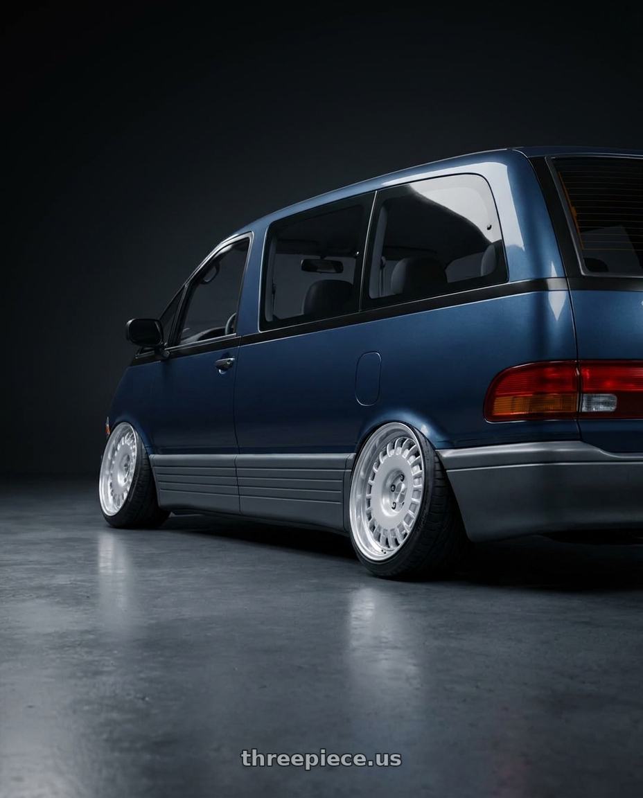 1997 toyota previa,chrome sliver with Rotiform RC205 PMF 5X120 20x10 +40 GLOSS SILVER wheels rear three quarter view slight stretch tires
